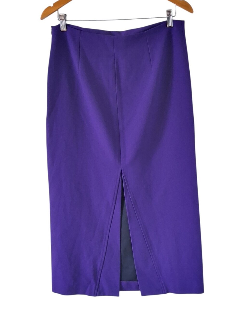 Zara Dark Purlpe Midi Skirt Large High Back Split Flat Front Side Zip